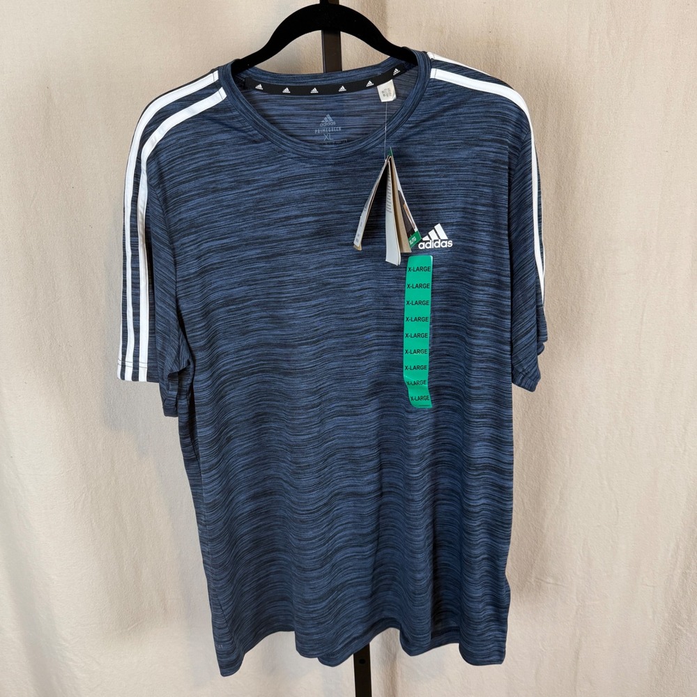 Adidas Mens XL Blue Space Dye 3-Stripes Primegreen Performance Tee HB2773 NEW